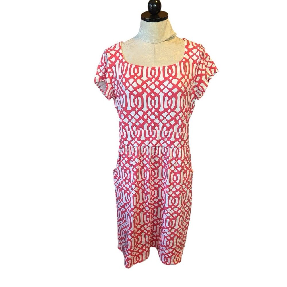 J.McLaughlin Pink White Retro Look Pockets Sretch‎ Dress Short Sleeve Dress L
